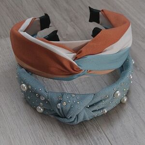 Elegant Pearl and Knot Headbands Set - Blue and Orange